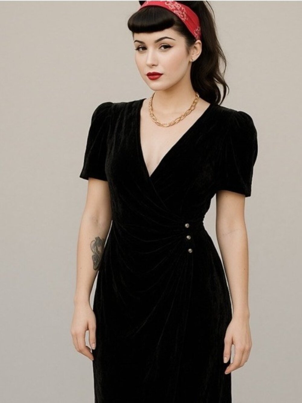 Vintage Night Visionz Puff Sleeve Wrap Dress 7 8  Velvet Retro Dark office Siren